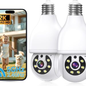 2K Light Bulb Security Camera 5G&2.4G WiFi Security Cameras Wireless Outdoor Indoor,360° Bulb Cameras for Home Security Outside Indoor,Motion Detection and Alarm,Two-Way Talk,Color Night Vision 2 Pack